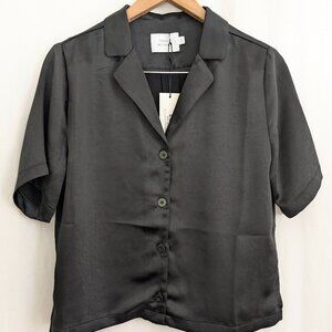 Things Between NWT Black Satin Button Up Short Sleeve Top SmallTop